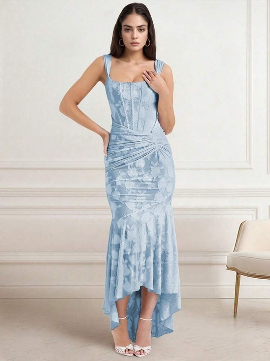 Dresses & Skirts - Corset Dress With Textured Floral Overlay Size M Mermaid Boning Ruched Bodycon
